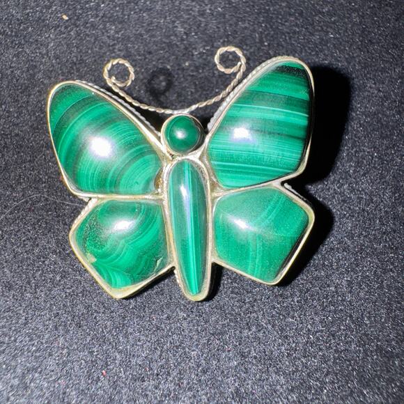 Vintage Sterling and Malachite Butterfly Brooch Pin Russia 1" - Picture 4 of 7